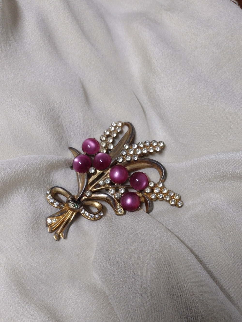 Vintage Floral Brooch in Fuchsia and Gold